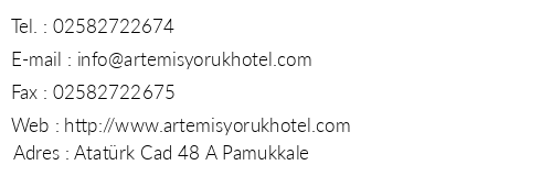 Artemis Yrk Hotel telefon numaralar, faks, e-mail, posta adresi ve iletiim bilgileri